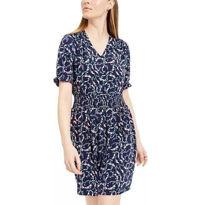 Fresh And Natural Maison Jules Women's Floral-Print Smocked-Waist Dress Navy Size Medium