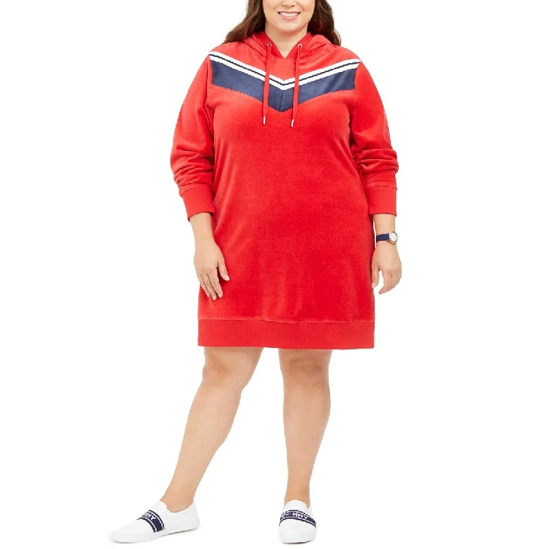 Celebrity Style Tommy Hilfiger Women's Sport Plus Size Hoodie Dress Red Size 0X