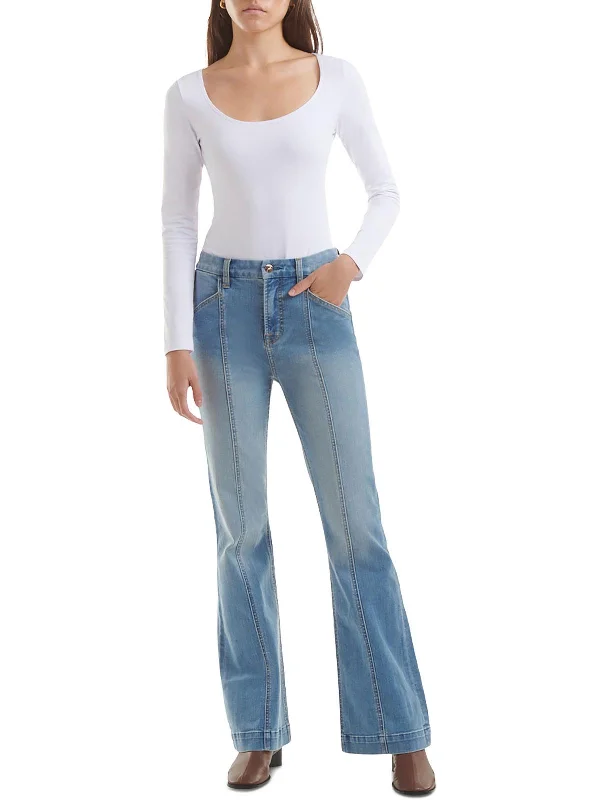 Single-shoulder Neck Design Womens High Rise Pintuck Flared Jeans