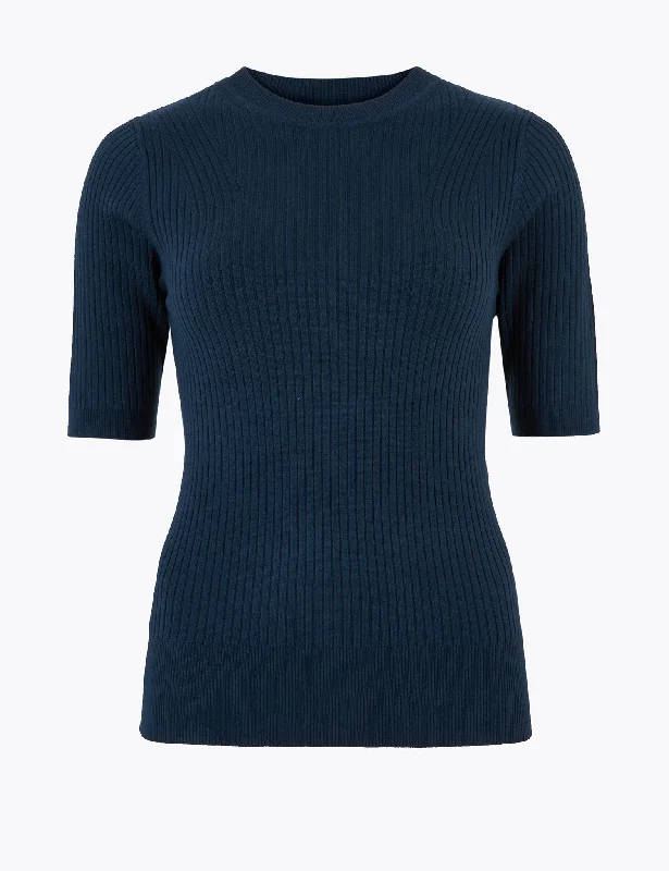 Sports Zipper Style Ribbed Crew Neck Fitted Short Sleeve Jumper