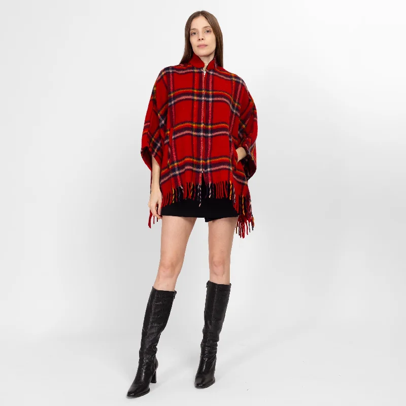 Fashionable Inner Wear Sm-Med 60s 70s Red Plaid Wool Fringe Cape