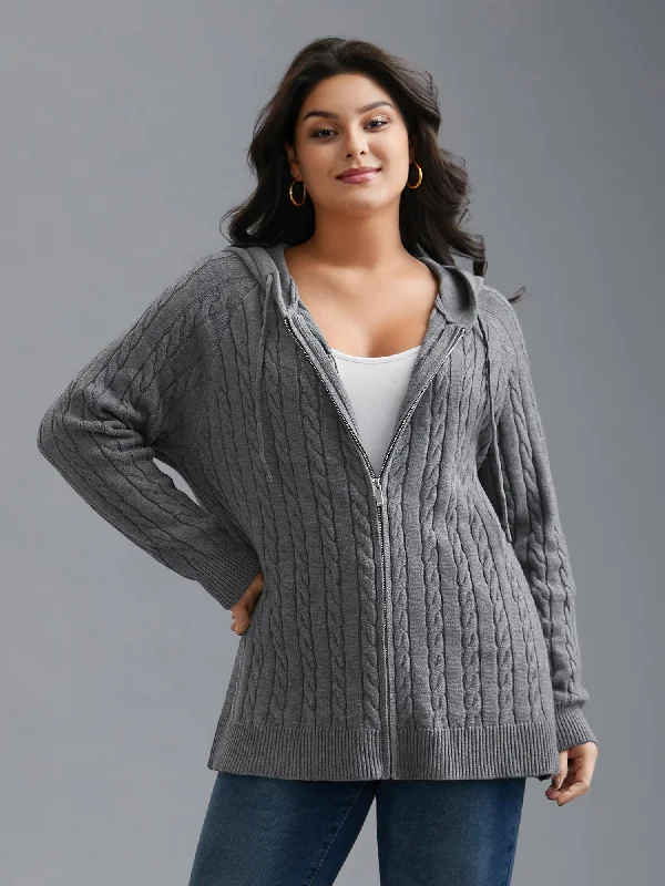 Energy Wear Cable Knit Hooded Zipper Cardigan
