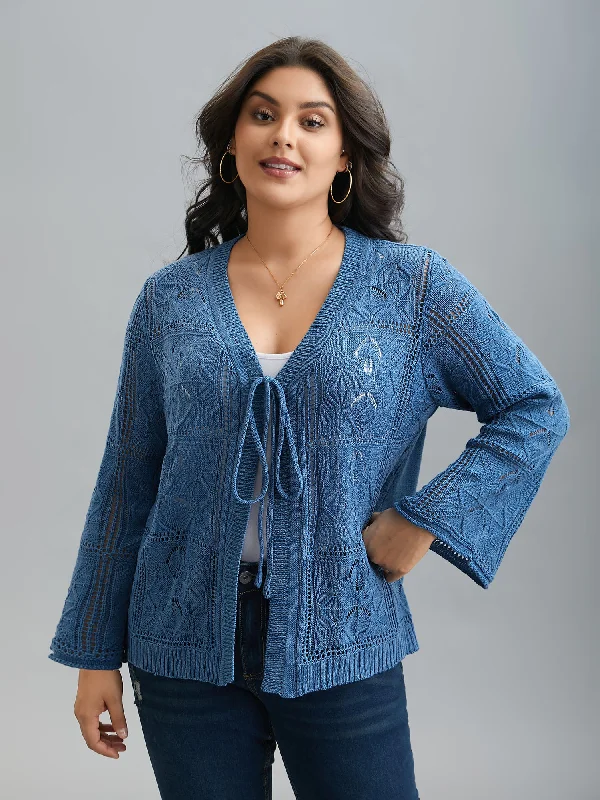 Soft Fashion Front-Tie Textured Eyelet Knit Cardigan