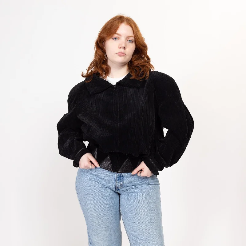 Fresh And Simple Large 80s Black Corduroy Leather Trim Crop Bomber Jacket