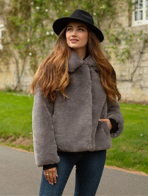 Urban Sense Christie Luxe Recycled Vegan Faux Fur Collar Jacket | Dark Grey