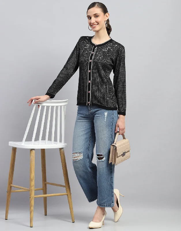 Women Black Self Design Round Neck Full Sleeve Cardigan