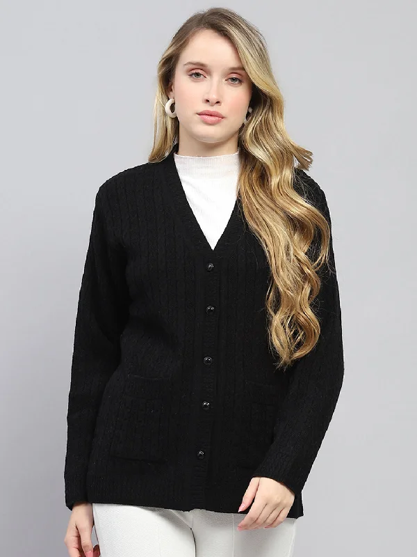 Sports And Leisure Women Black Self Design V Neck Full Sleeve Cardigan