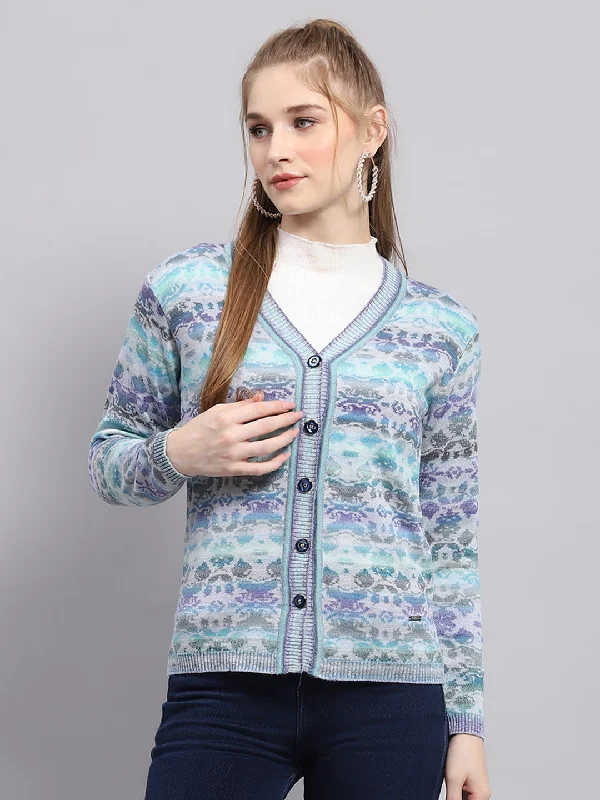 Sports Trend Women Blue Self Design V Neck Full Sleeve Cardigan