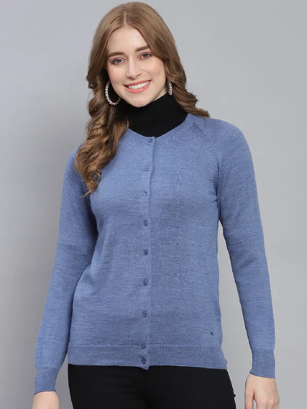 Urban Style Women Blue Solid Round Neck Full Sleeve Cardigan