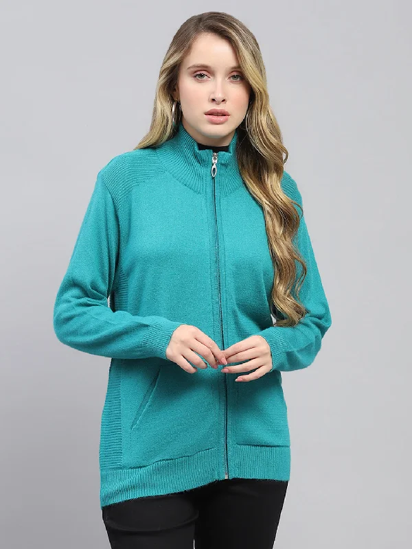 Classic Style Women Green Solid High Neck Full Sleeve Cardigan