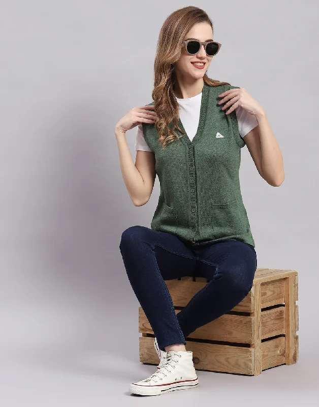 Women Green Solid V Neck Sleeveless Cardigan