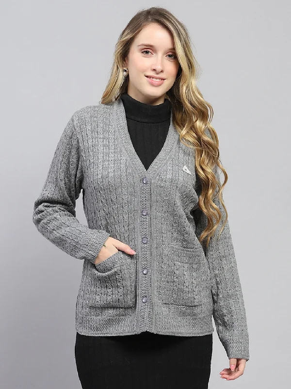 Embroidery Design Women Grey Self Design V Neck Full Sleeve Cardigan