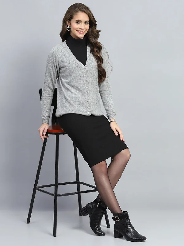 Women Grey Solid V Neck Full Sleeve Cardigan