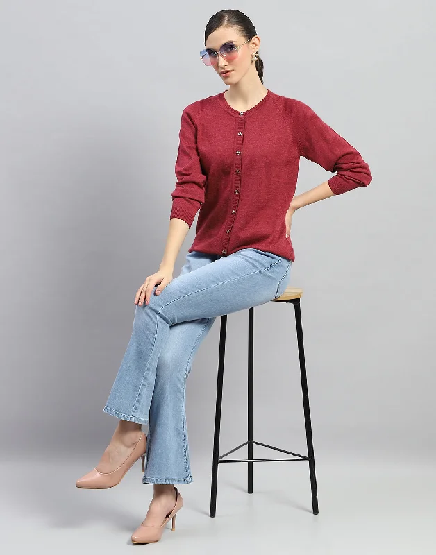 Women Maroon Solid Round Neck Full Sleeve Cardigan