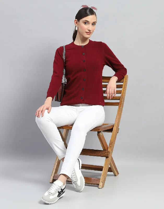 Women Maroon Solid Round Neck Full Sleeve Cardigan