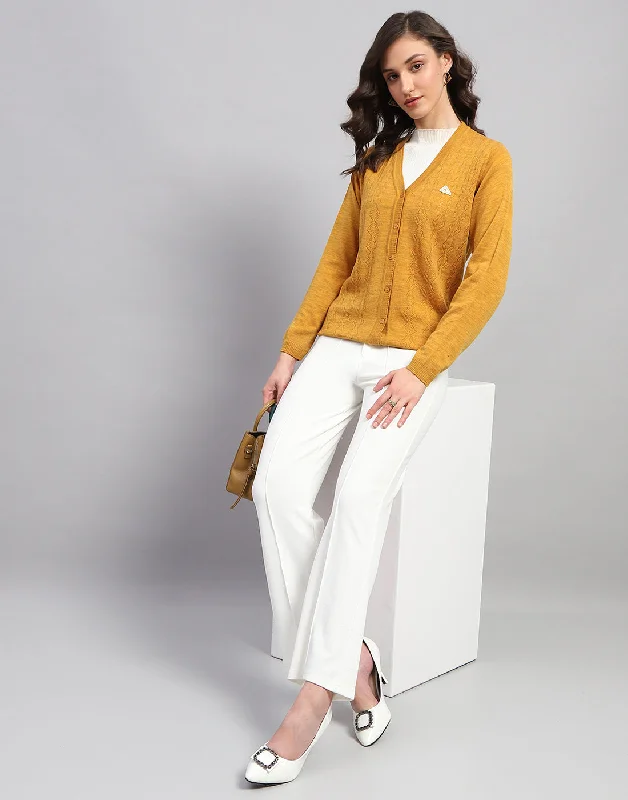 Women Mustard Self Design V Neck Full Sleeve Cardigan