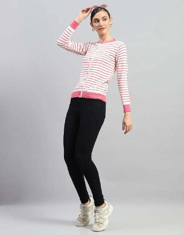 Women Pink Stripe Round Neck Full Sleeve Cardigan