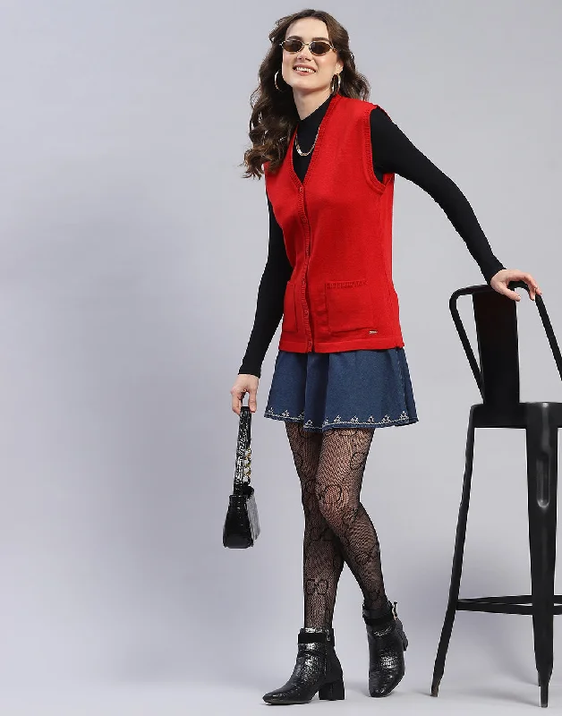 Women Red Solid V Neck Sleeveless Cardigan