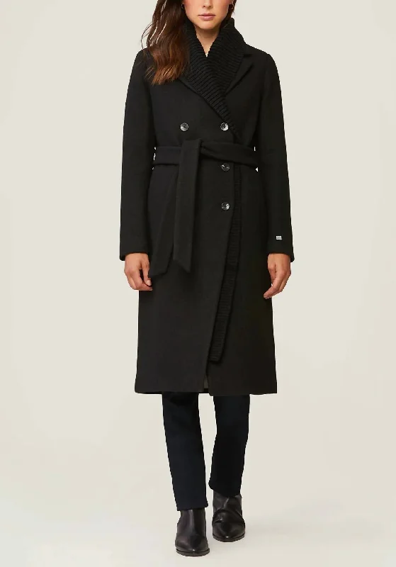 Anya Long Wool Coat With Knit Collar In Black