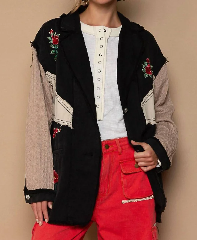 Fabric Rose Embroidery Jacket In Black