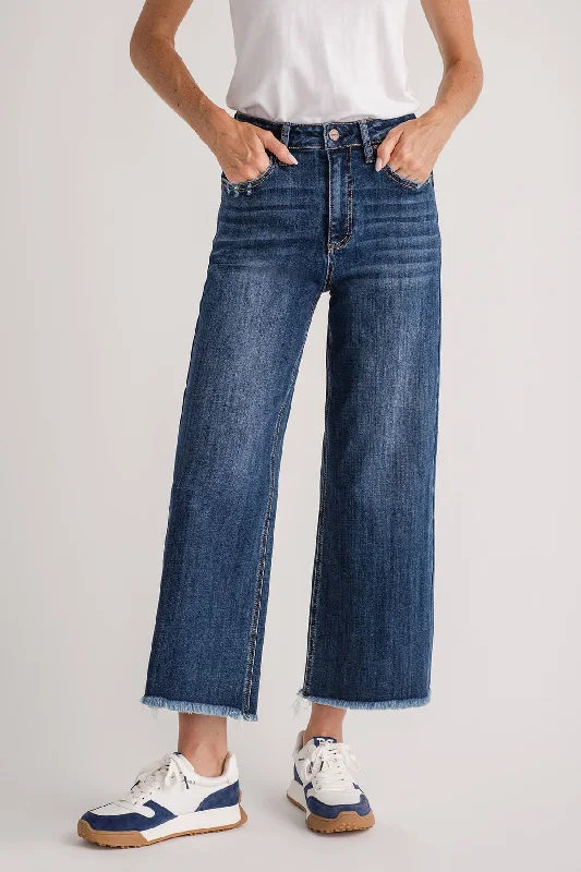 Exquisite Tailoring Risen Crop Raw Hem Wideleg Jeans