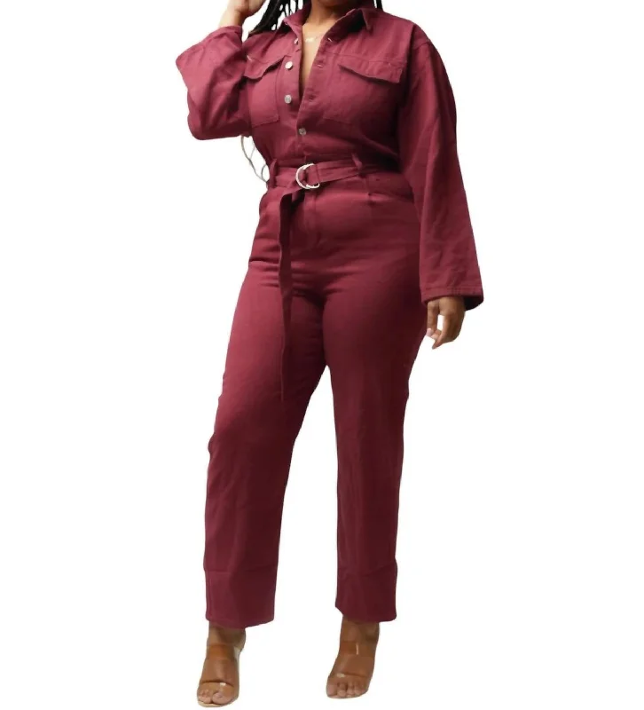 Belted Long Sleeve Jumpsuit In Burgundy