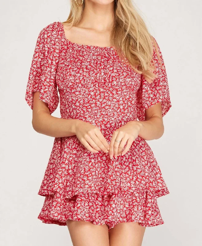 Flutter Half Sleeve Layered Romper In Red Floral Print