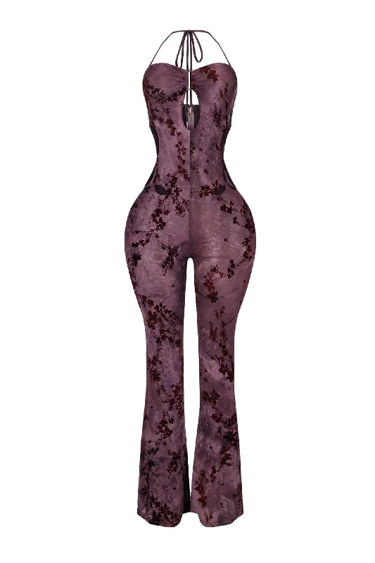 Stylish Wear Judia Velvet Burnout Halter Cutout Jumpsuit