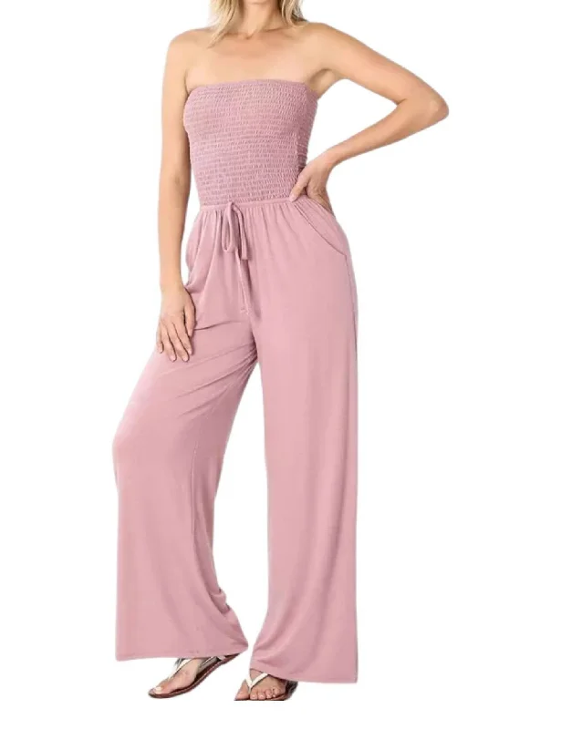 Smocked Romper Pants Suit In Dusty Rose