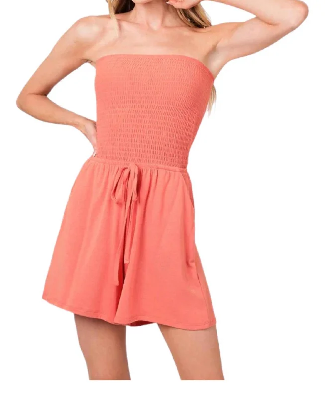 Smocked Shorts Romper In Coral