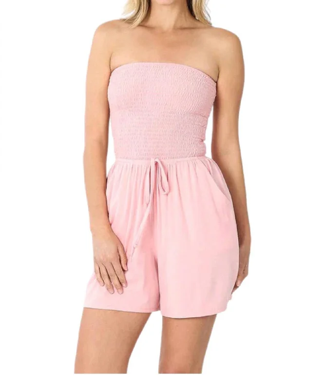 Smocked Shorts Romper In Dusty Pink