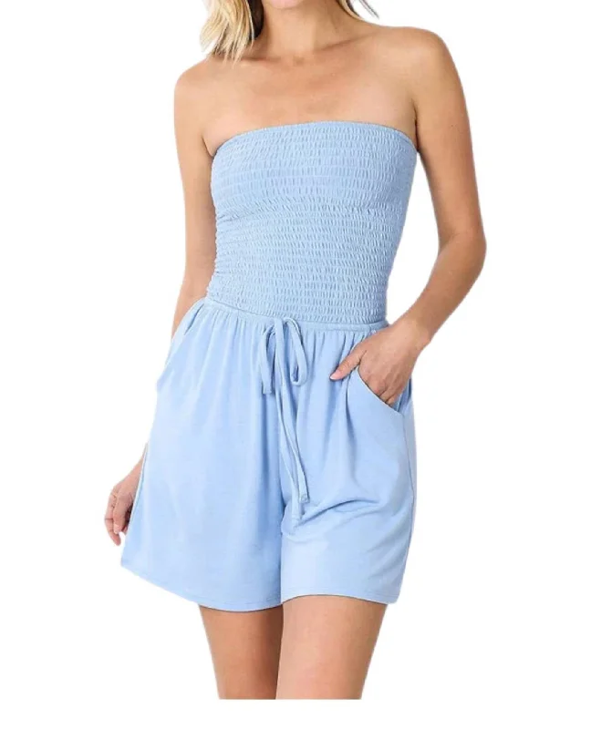 Smocked Shorts Romper In Spring Blue