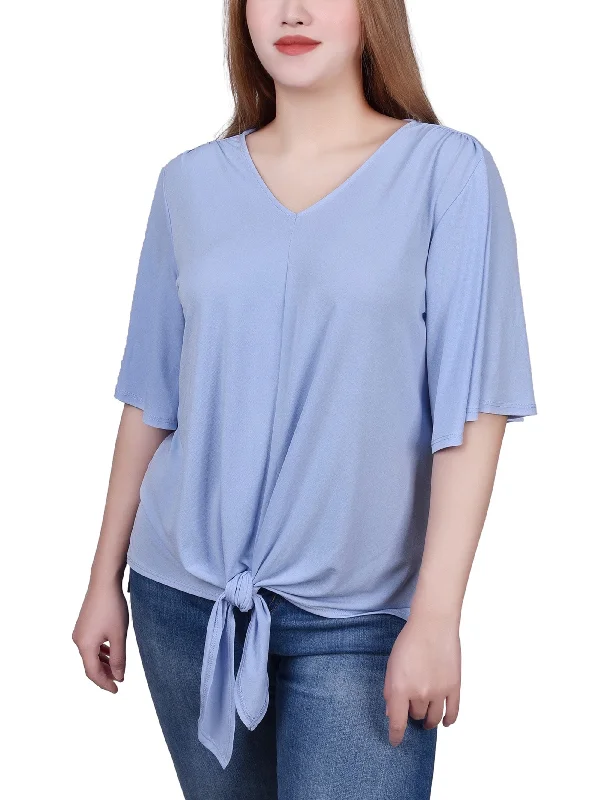 Elbow Sleeve Tie-Front Top