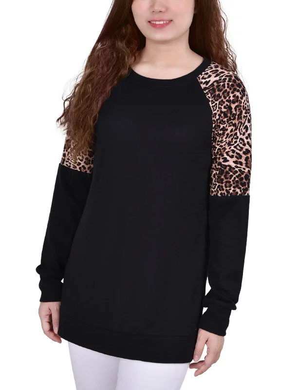 Long Raglan Sleeve Top With Animal Print Insets