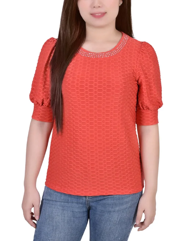 Simple Solid Color Short Puff Sleeve Honeycomb Top