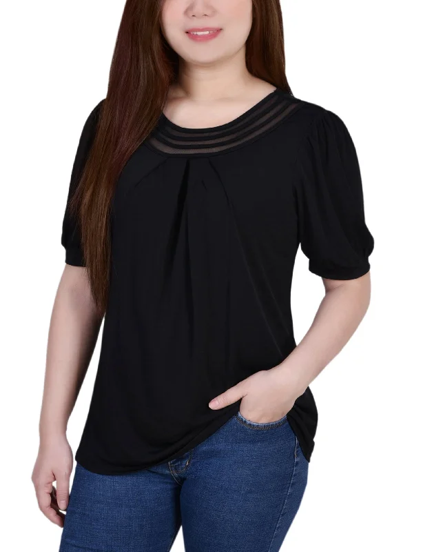 Short Puff Sleeve Sheer Inset Top