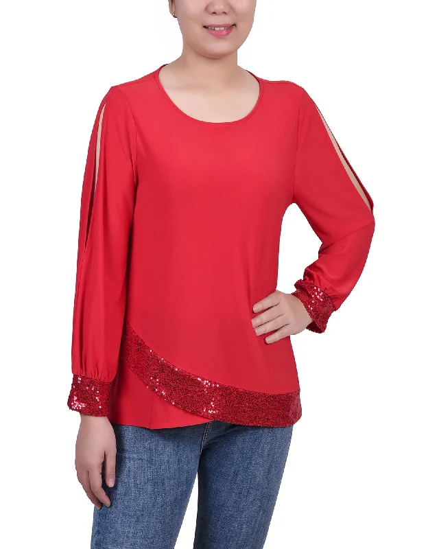 Long Sleeve Knit Top With Sequin Trim