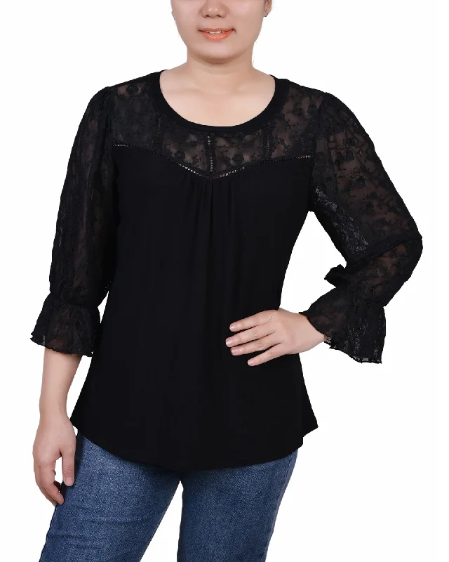 Petite 3/4 Sleeve Crepe Top With Embroidered Mesh Yoke And Sleeves