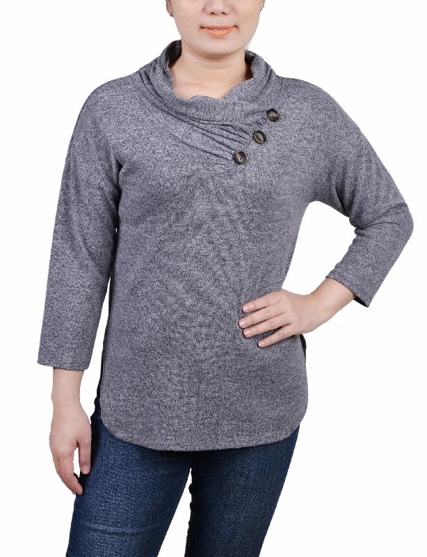 Petite 3/4 Sleeve Crossover Cowl Neck Top