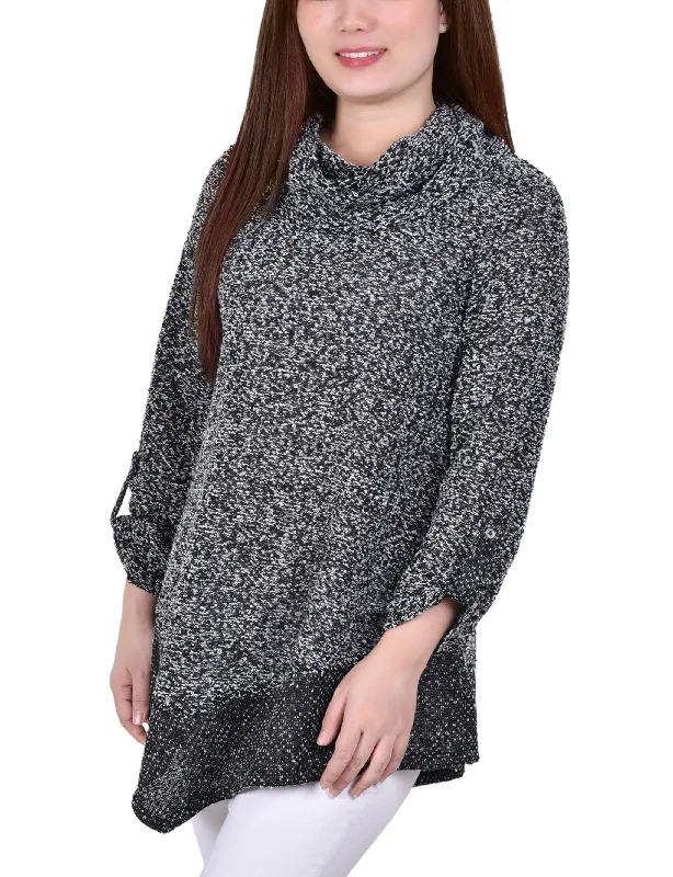 Petite Long Roll Tab Sleeve Nubby Cowl Neck Top