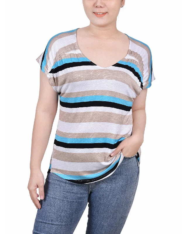 Petite Short Sleeve Striped V Neck Top