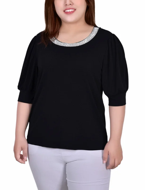 Plus Size Short Beaded Puff Sleeve Top