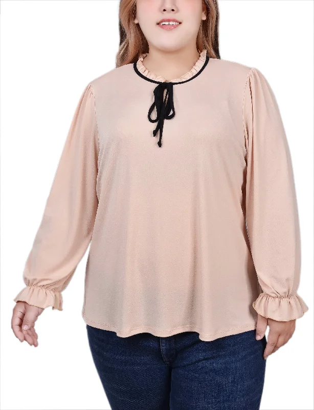 Plus Size Long Sleeve Tie Neck Top