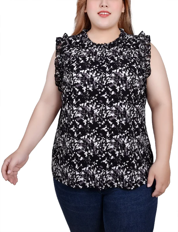 Plus Size Sleeveless Crepe Top With Chiffon Ruffles