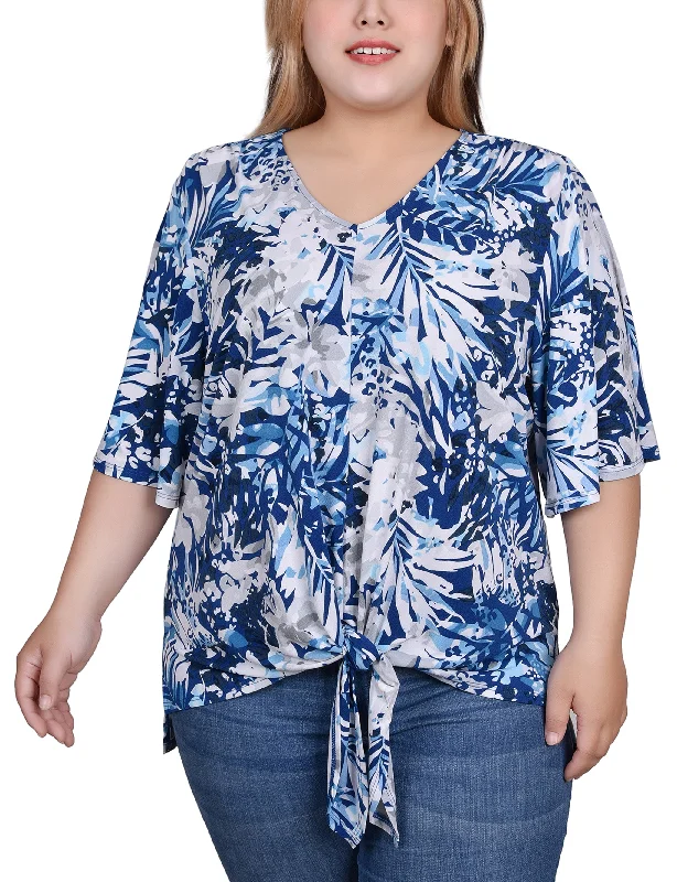 Plus Size Elbow Sleeve Tie-Front Top