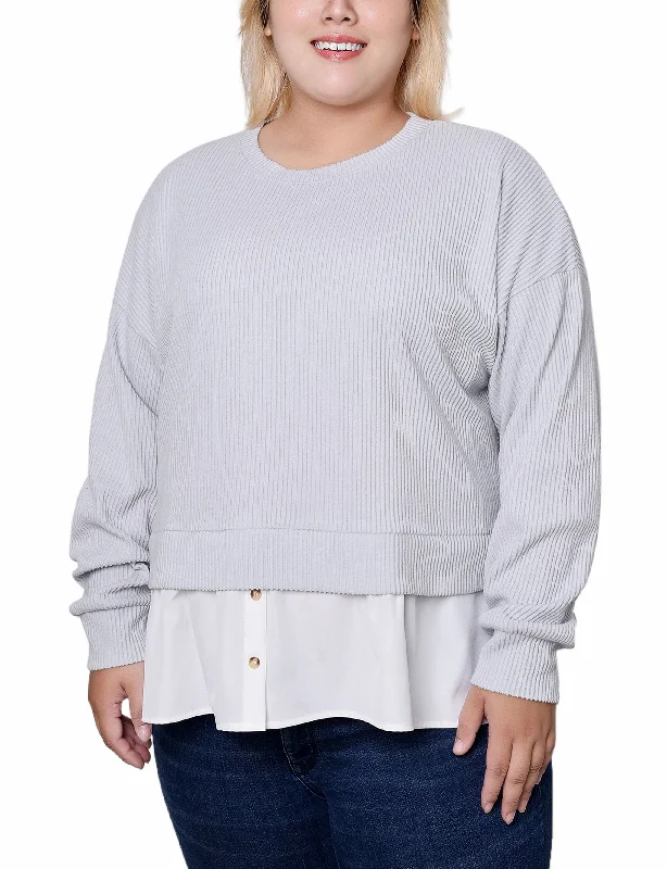 Plus Size Long Sleeve Two-Fer Top With Gathered Inset