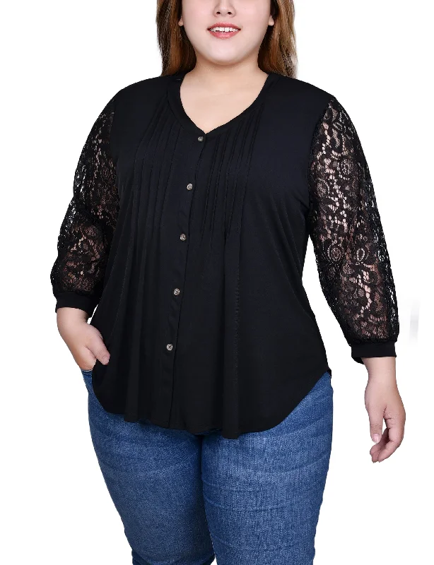 Plus Size Lace-Sleeve V Neck Top