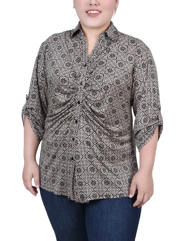 Plus Size 3/4 Roll Tab Rouched-Front Top