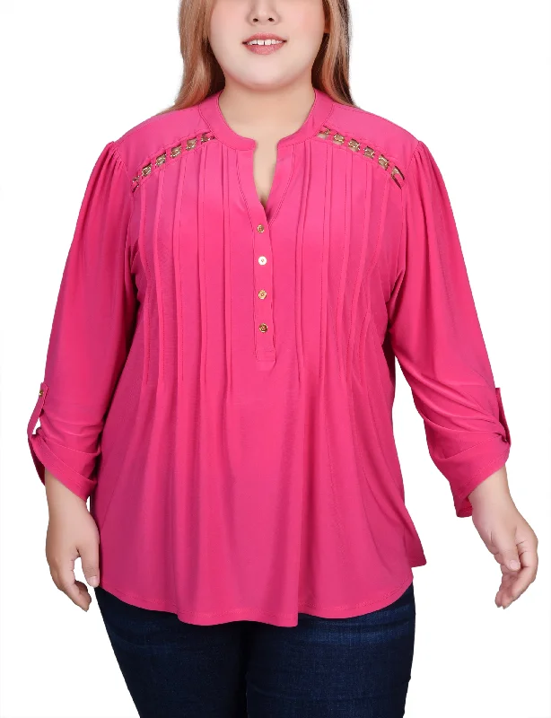 Noble Temperament Plus Size Long Sleeve Pintuck Front Top With Chain Details