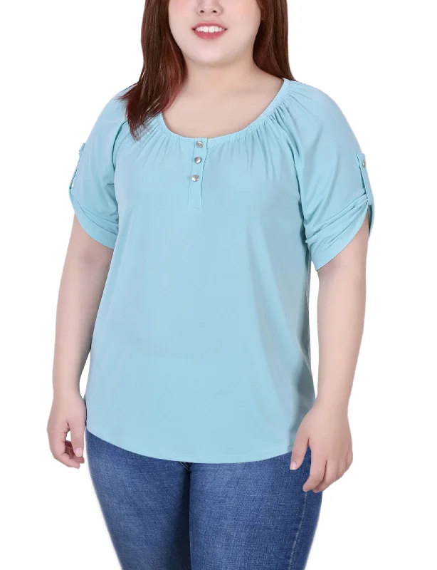 Plus Size Short Sleeve Round Neck Henley Top